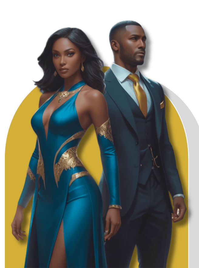Elegant Black woman in a teal and gold gown beside a man in a sharp suit, suggesting sophisticated romance and captivating stories on FictionFlux