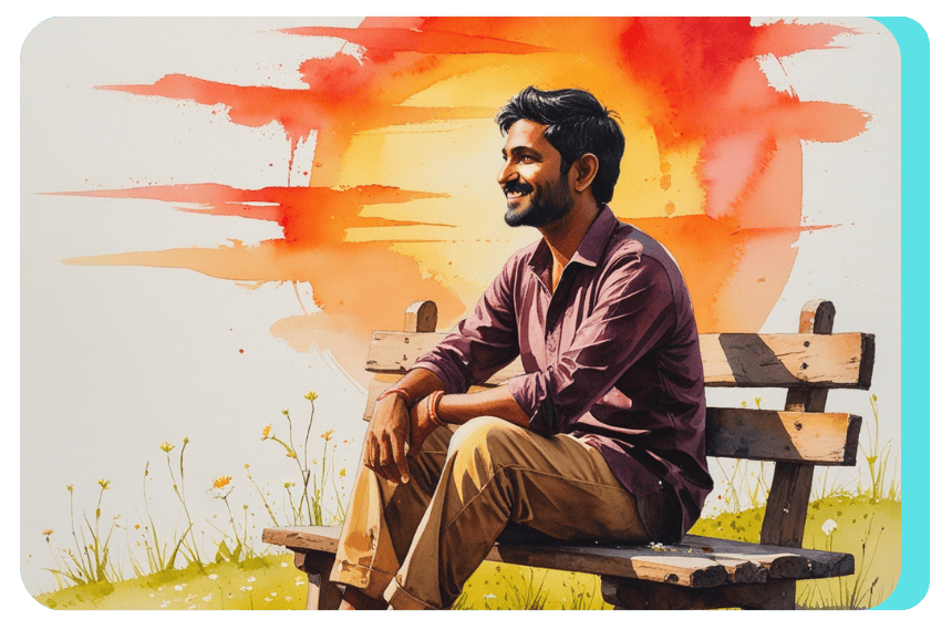 Smiling man sitting on a wooden bench, looking thoughtfully at a watercolor-style sunset, symbolizing the peaceful and rewarding experience of writing on FireForge.